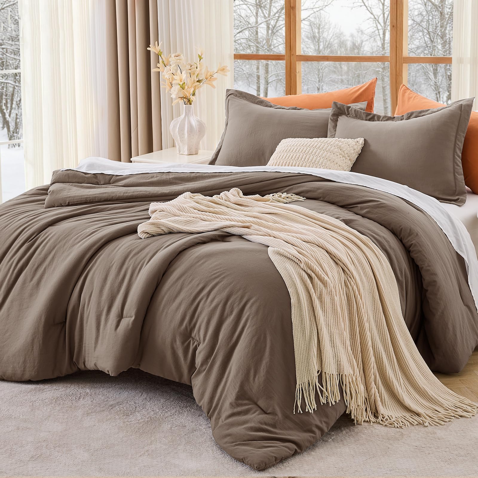 MUXHOMO King Size Comforter Set, All Season Ultra Soft Down Alternative Bedding - 3 Piece Lightweight Bed Set Includes 1 Comforter (104"x90") and 2 Pillow Shams (20"x36"), Brown Image