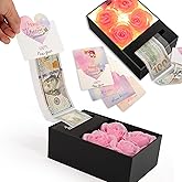 Money Box for Cash Gift Pull, Money Gift Boxes for Cash on Birthday, Christmas, Graduation, Mother's Day, for Husband, Wife, Girlfriend, Mother With Soap Rose Flower and Greeting Cards (Black+Pink)