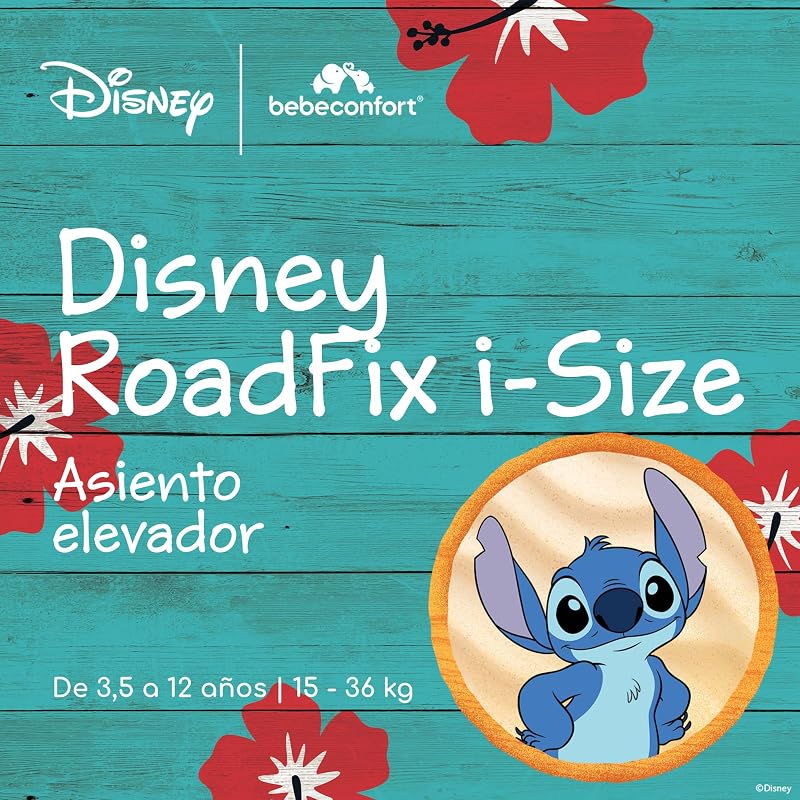 Disney RoadFix i-Size, Cadeira Elevadora de Encosto, 3,5-12 anos (100-150 cm), Cadeira Stitch, Dobrável, Leve (4,4 kg), 14 Posições de Apoio de Cabeça, Ponto Autêntico