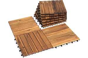 VICTORY RELAX Acacia Wood Flooring Interlocking Deck Tiles for Patio Decor 9 PCS 6 Slats - Waterproof Indoor & Outdoor Decor - Balcony Garden Decking Tile (11,81 * 11,81 * 0,94 Inches)