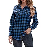 Oyamiki Womens Casual Cuffed Long Sleeve Boyfriend Button Down Plaid Flannel Shirt Tops