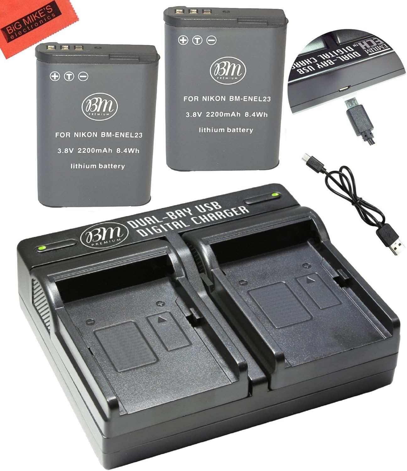 BM Premium 2 Pack of ENEL23 Batteries and USB Dual Battery Charger for