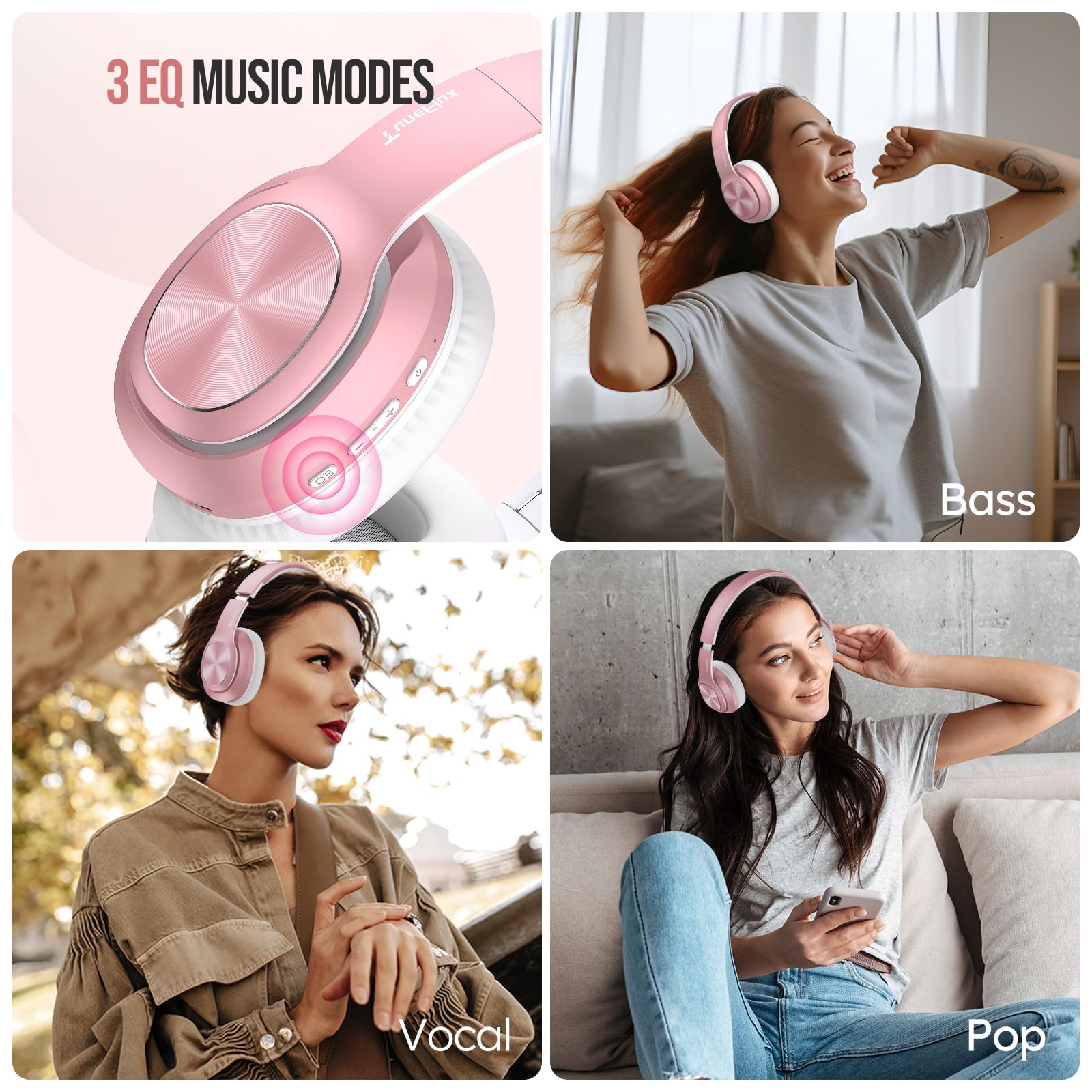 TuneFlux Wireless Bluetooth Headphones Over Ear, 80H Playtime, 3EQ Sound Modes, HiFi Stereo Headphones with Deep Bass, Foldable Bluetooth 5.3 Headsets for Smartphone/PC/Computer-Rose Gold