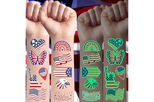 BACKTOPEIA 4th of July Temporary Tattoos Luminous 4th of July Decorations Favors Party Supplies Accessories American USA Independence Day Memorial Labor Day Fourth of July Red White Blue Glow in Dark Patriotic