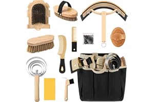 Abbylike 12 Pieces Horse Grooming Kit with Organizer Tote Bag Tack Room Supplies Horse Brush Sets Equine Care Cleaning Kit Shedding Grooming Massaging Tools (Khaki and Black)