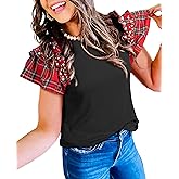 SELINK Womens Ruffle Short Sleeve Summer Tops Plaid Pearl Crewneck T Shirts Casual Blouses