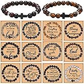 Cunno 12 Set Christian Cross Bracelets Bulk Religious Cross Beaded Bracelet for Women Men 12 Natural Beaded Stuffs Inspirational Cards Envelope Christian Jewelry Faith Gift(Classic Style,Dark Color)