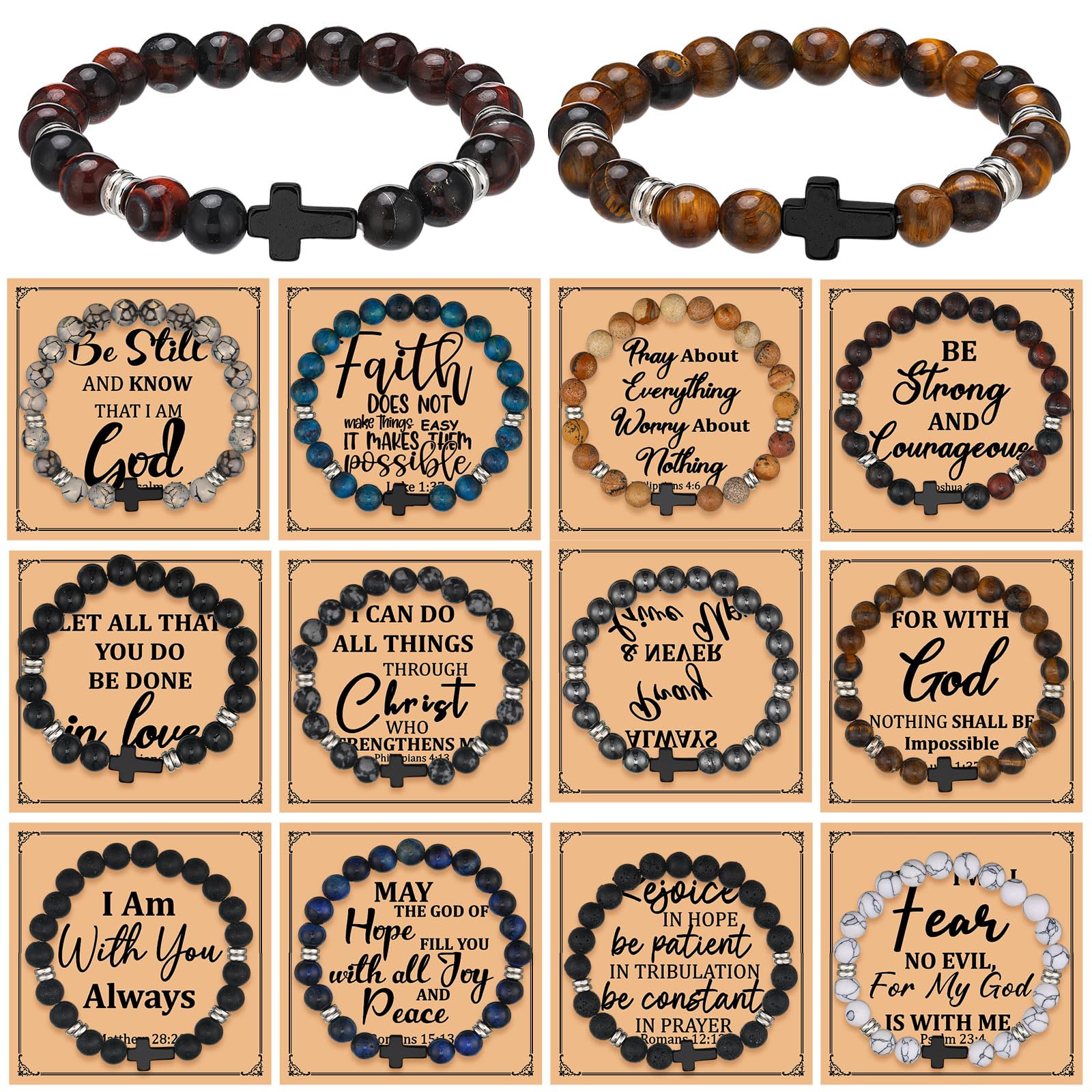 Photo 1 of Cunno 12 Set Christian Cross Bracelets Bulk Religious Cross Beaded Bracelet for Women Men 12 Natural Beaded Stuffs Inspirational Cards Envelope Christian Jewelry Faith Gift(Classic Style,Dark Color)