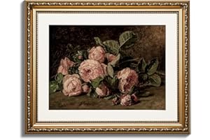 ARPEOTCY Vintage Gold Framed Wall Art, Retro Still life Pink Roses Canvas Prints Artwork with Antique Frame, Victorian Wall Paintings Decor for Living Room Gallery, 13x16 inch