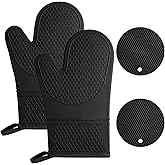 AUAUY Oven Mitts with 2 Potholders, Silicone Oven Gloves Heat Resistant 464°F, Non-Slip Silicone BBQ Gloves, Waterproof Cooking Gloves, Oven Gloves for Barbecue Kitchen Baking Microwave, Black