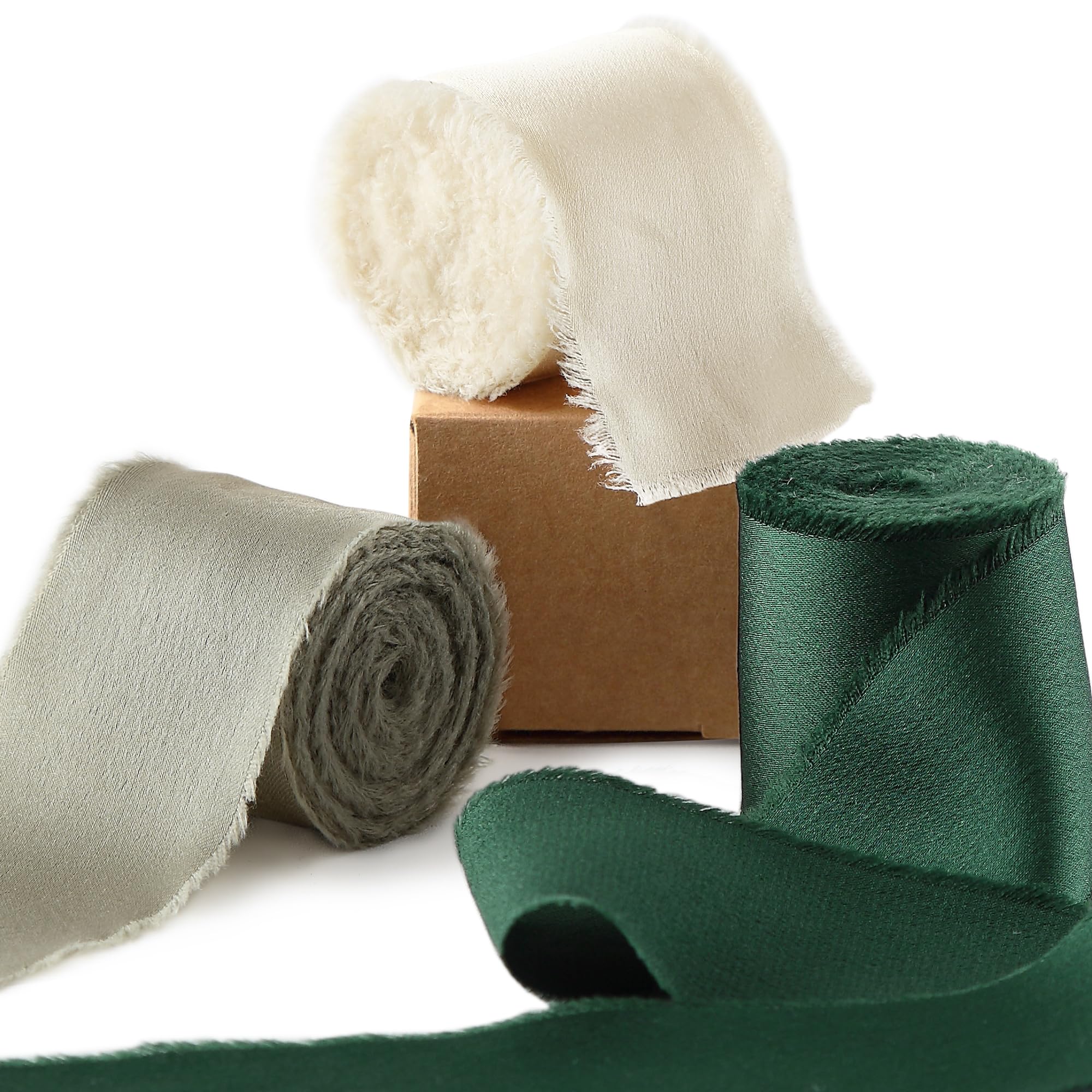 Ligtmor Silk Satin Ribbon 1-1/2 inch x 15 Yard (3.8cm x 13.5m) Handmade Frayed Ribbons for Gift Wrapping Crafts Wedding Flower Bouquet Holiday Décor - Green & Cream