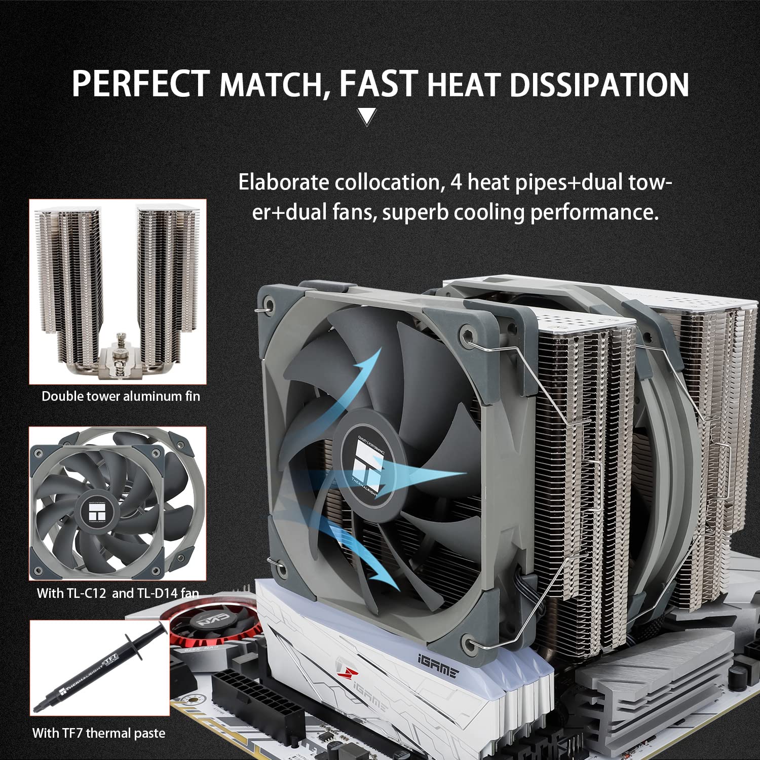 Thermalright FS140 CPU Cooler Dual Towers, 4 * 8mm Heat Pipes PWM Fan for AMD/Intel LGA1700/1150/1151/1200/2011/2066/1700 AM5
