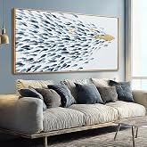 Minimalist Framed Wall Art Fish Animal Ocean Blue Gold Modern Canvas Prints 29"x58" Large Pictures Artwork for Living Room Kitchen Wall Art Decor