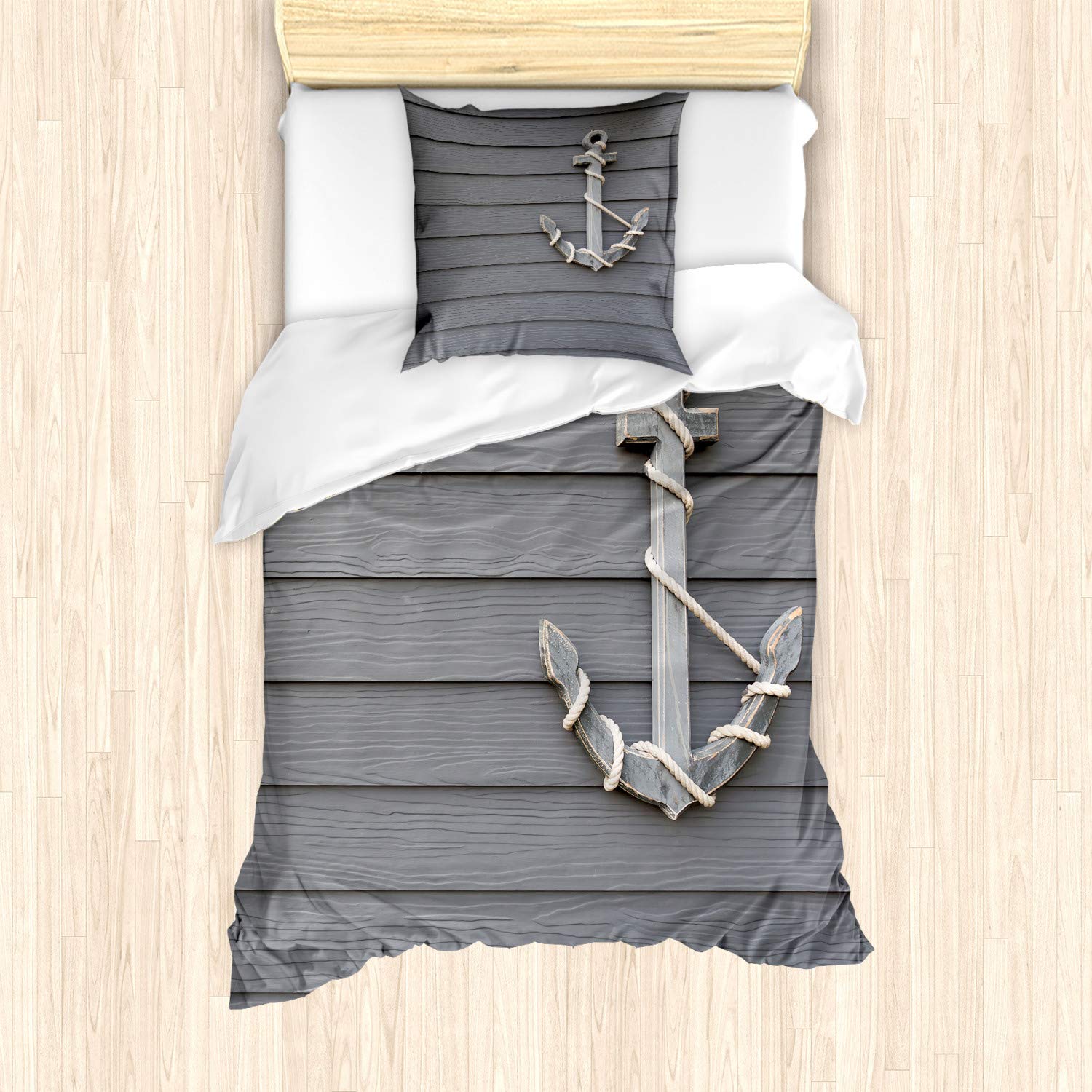 ABAKUHAUS Anchor Duvet Cover Set, Wooden Marine Rope on the Wall Antique Navy Nature Adventure Themed Art Work, Bedding Set 2 Pieces with 1 Pillow Shams, 135 cm x 200 cm, Grey White