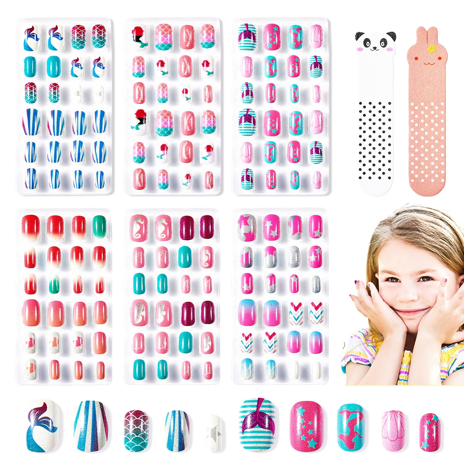 Modelones Press on Nails for Kids 144Pcs 6 Pack Children Acrylic Fake Nails Pre-glue Full Cover Glitter Gradient Color Mermaid Beach Short False Nail Art Kits Sets Easter Gifts for Kids Girls - Image 2
