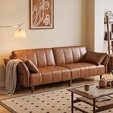 GULFXDS 77" Faux Leather Couch, Leather Loveseat Futon Sofa Bed, Brown | Adjustable Backrest &amp; Storage Armrests Pillows, Comfy &amp; Waterproof Fabric, Mid-Century Modern/Living Room/Apartment/Office