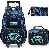 Fitvc Gamer Rolling Backpack for Boys - 3PCS Boys Rolling Backpack with Lunch Box Set for Kids Children Teens Elementary Middle School,Glow in The Dark Roller Bookbag with Wheels for Age 6-18