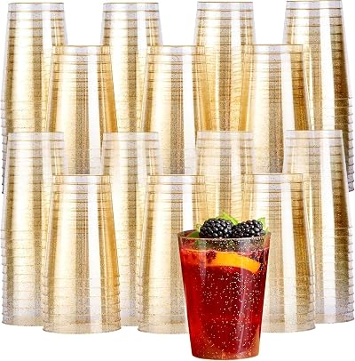 MATANA 100 Premium Clear Gold Glitter Plastic Cups 280ml 10oz Reusable