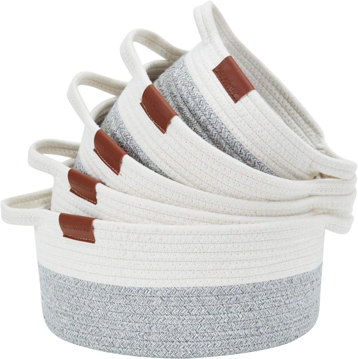 DECOMOMO Small Basket | Rope Baskets for Storage Cotton Woven Basket Bins with Handles for Nursery Toys Baby Kids Bathroom Clothes Montessori (Grey & White, Various Size - 5 Pack)