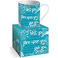 Christian Mug with Gift Box, 12 oz, Bless you (teal), with Bible verse Numbers 6:24-26. These Religious Coffee Mugs make perfect Christian gifts for women, by Just Cards Direct (Teal/Bless You)