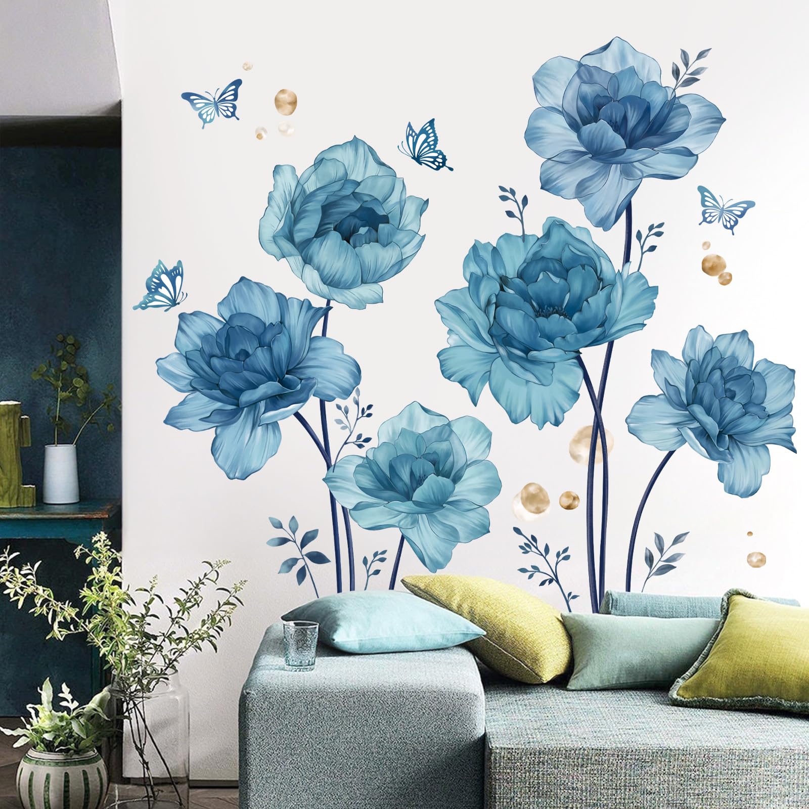 wondever Large Blue Flowers Wall Stickers Peony Floral Plants Butterfly Peel and Stick Wall Art Decals for Girls Bedroom Living Room TV Wall