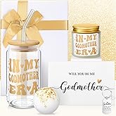 Yiyiring 6 Pcs Godmother Proposal Gift Will You Be My Godmother Gift Set with Glass Scented Candle Bath Bomb Keychain Card Box Set for God Mother Auntie from Godchild Baptism Easter(Elegant Style)