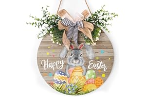 HAROONI Happy Easter Wooden Hanging Sign Easter Welcome Wreaths for Front Door Rustic Easter Door Decoration with Bow Cute Bunny Door Hangers Wreath for Easter Spring Porch Window Wall Farmhouse 12x12in
