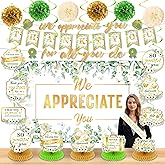 We Appreciate You Party Decorations Sage Green Gold Thank You for All You Do Banner Honeycomb Centerpieces Hanging Swirls Kit for Office Employee Pastor Teacher Doctor Appreciation Party Gift Decor