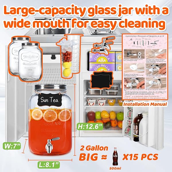 2 GALLON DRINK DISPENSERS – LARGE GLASS BEVERAGE DISPENSER FOR PARTIES WITH 18/8 STAINLESS STEEL SPIGOTS(2 SET), SUN TEA GLASS JAR FOR OUTSIDE, LEMONADE DISPENSER, PARTY‘S GIFT