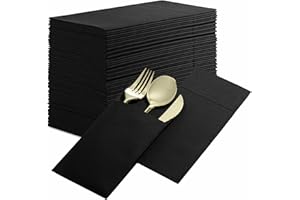 BLOOMINGOODS 50-Pack Disposable Linen-Feel Dinner Napkins with Built-in Flatware Pocket, BLACK Prefolded Cloth Like Paper Napkins For Dinner, Wedding Or Party [Silverware NOT Included]