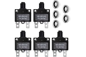 Fuzbaxy 5PCS 15Amp Circuit Breakers with Push Button Reset 32VDC,AC125-250V with Quick Connect Terminals and Waterproof Button Cap