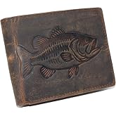 MARSHAL Fisherman’s RFID Blocking Vintage Leather Bifold Wallet with Debossed Bass Design for Outdoorsmen (Brown)