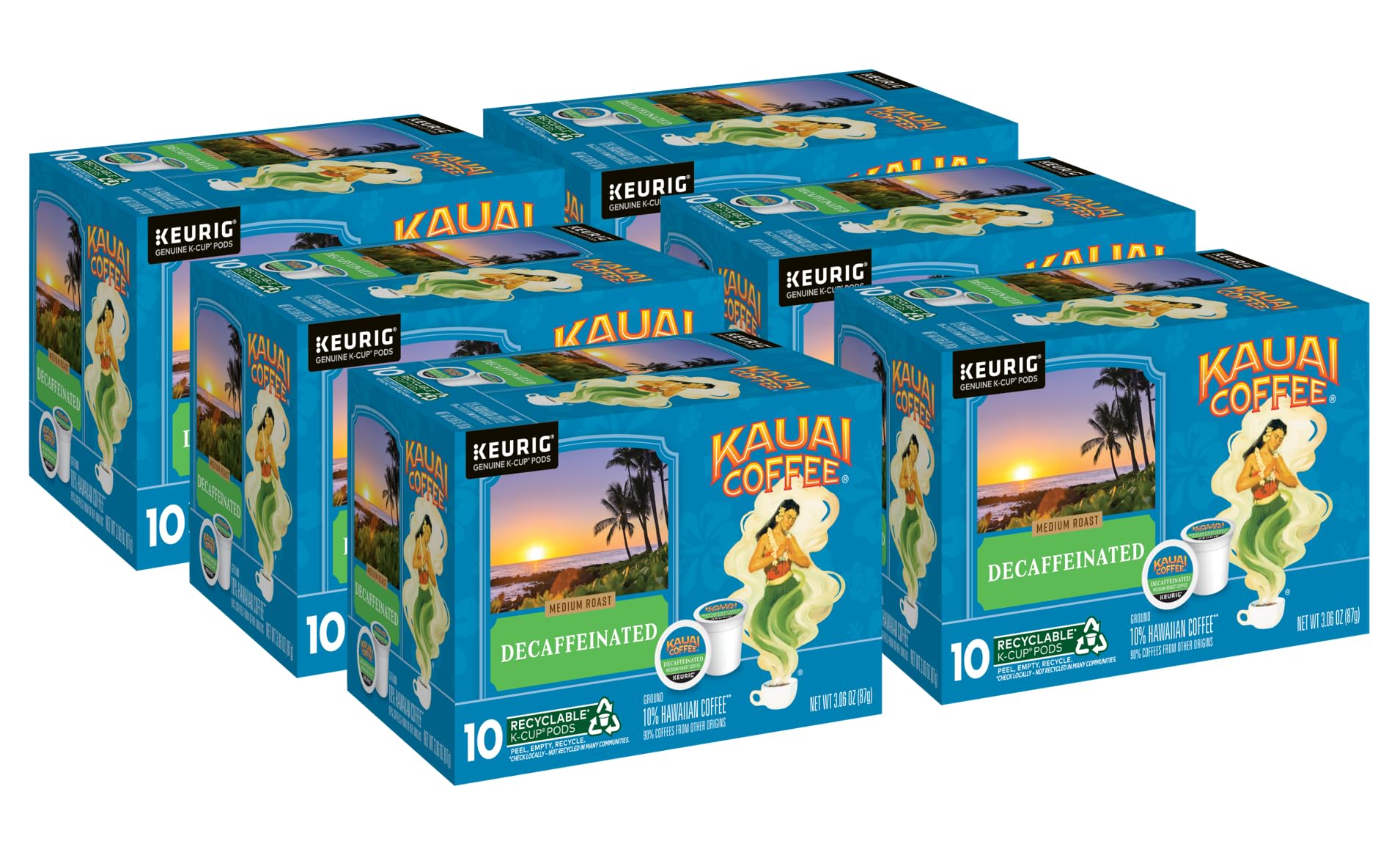 Kauai Coffee K-Cup Pods for Keurig Brewers – Arabica Coffee, 10% Hawaiian – Medium Roast, Bright Aroma with Floral Notes – Decaf, 6 Packs of 10 Single Serve K-Cups Image