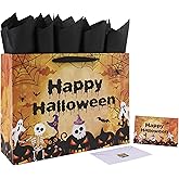 Qirrmiy 16.5" Extra Large Halloween Yellow Gift Bag Set with Handles, Greeting Card, Tissue Papers and Stickers for Kids Boys Girls for Halloween Party Favors, Pumpkin Design, 1 Pcs