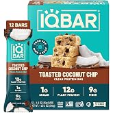 IQBAR Clean High Protein Bars, Low Sugar Snack, Toasted Coconut 12ct | 12g Plant Protein, 9g Fiber, 1g Sugar | GLP-1 &amp; Keto Friendly | Vegan, Gluten Free, Dairy Free, Non-GMO, Kosher