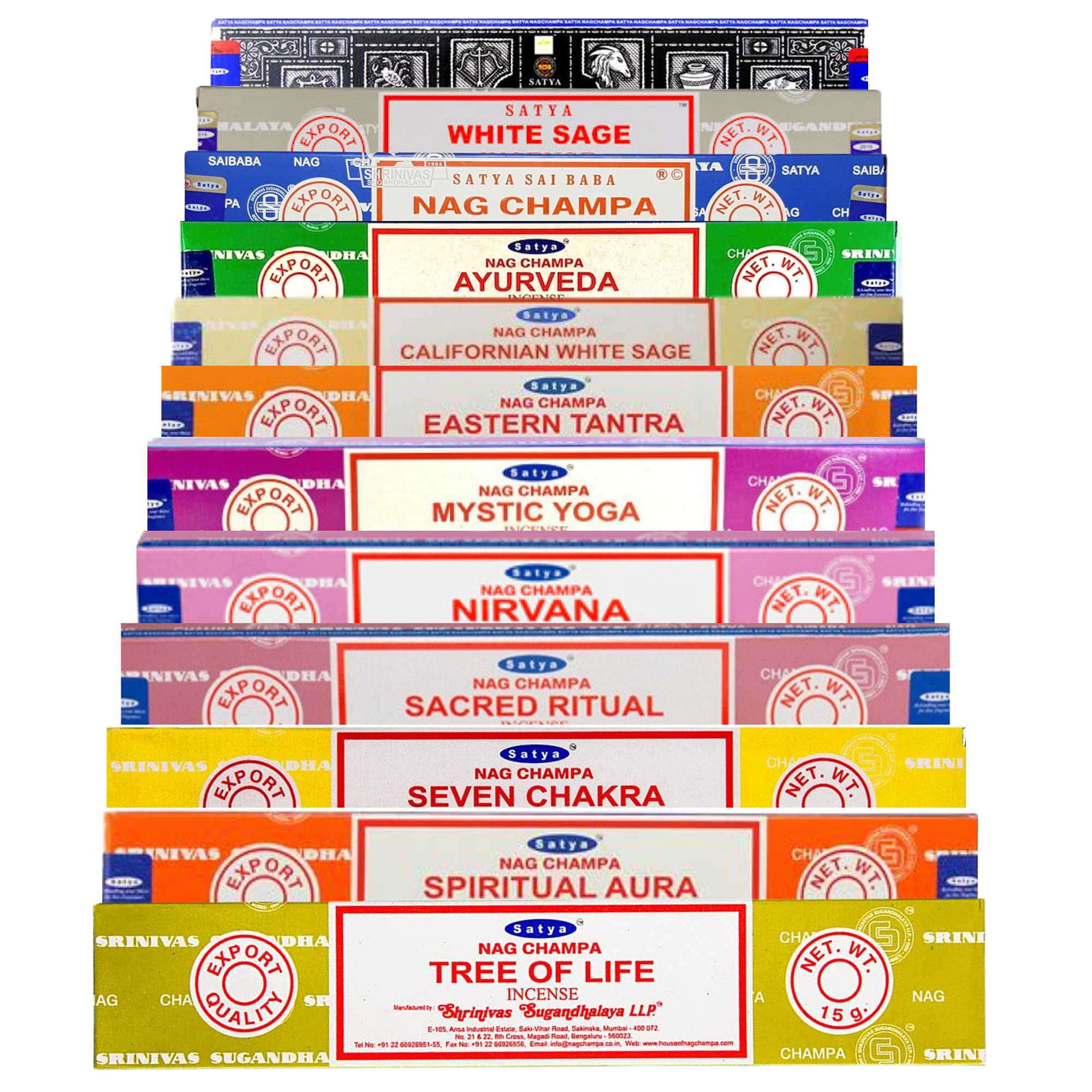 SAMASIA Satya Mix 12 incense set 3 - Tree of Life, Spiritual Aura, Seven Chakra, Sacred Ritual, Nirvana, Mystic Yoga, Eastern Tantra, Cal White Sage, Ayurveda etc and comes with incense holder