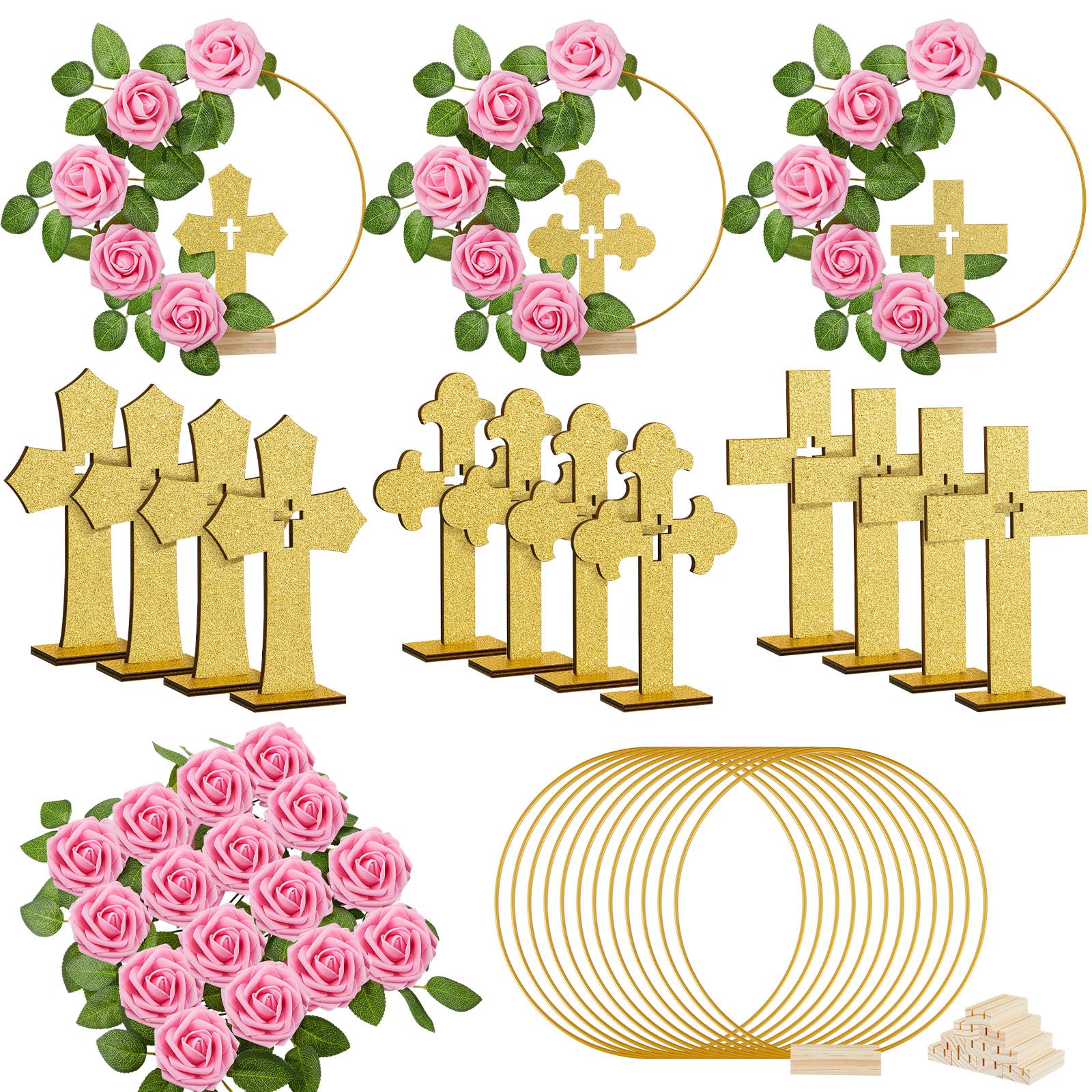 Photo 1 of Wesiti 48 Pcs Baptism Centerpiece First Communion Table Decoration 12 Wood Cross 12 Floral Hoop with Stand 24 Foam Rose with Stem for Baptism Baby Shower Wedding(Gold and Pink,Classic)