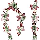 CISDUEO Christmas Garland Artificial Poinsettia Christmas Flowers Red Artificial Berries Garland with Pine Cones for Outdoor Indoor Mantle Fireplace Holiday Winter Door Table Centerpiece 6FT
