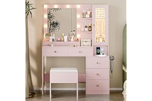 HUANLEGO Vanity Desk with Mirror and Lights, Pink Makeup Vanity with 5 Drawers Hidden Jewelry Organizer& LED Glass Cabinet,3 Lights Mode and Brightness Adjusted,Vanity Mirror with Lights Desk and Chair