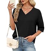 WIHOLL 3/4 Length Sleeve Womens Sweaters V Neck Cute Crochet Blouses Trendy Spring Summer Fashion Outfits