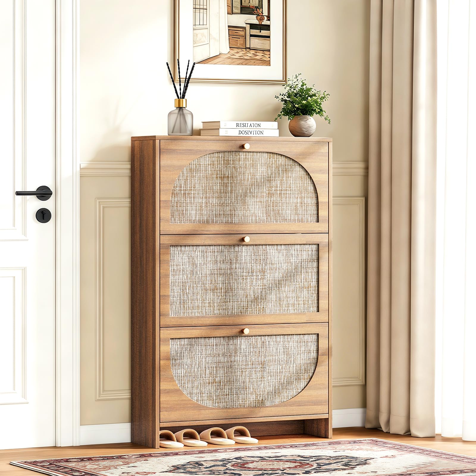 Photo 1 of Nicetree Shoe Storage Cabinet for Entryway, Rattan Vintage Flip Shoe Rack- 3 Flip Drawers & 3-Tier Adjustable Shelves,Boho Shoe Organizer for 24-30 Pairs - Fits Size 12 Boots, 9.5" Ultra Slim (Oak)