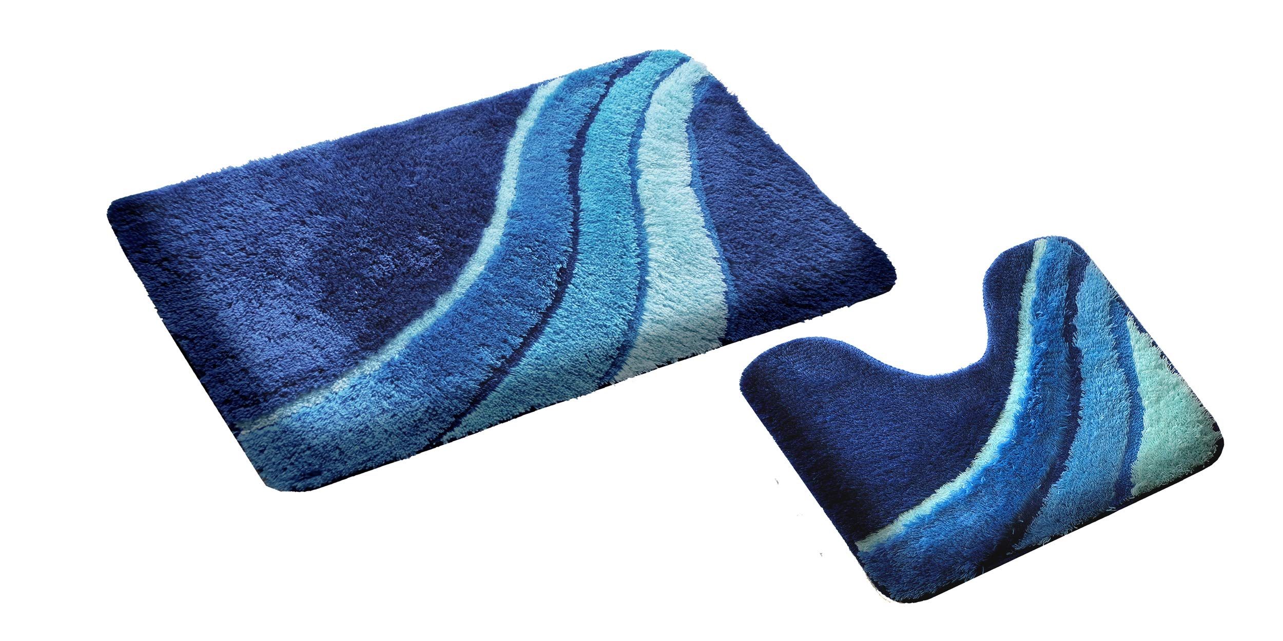 S&S-Shop Bath Mat Set | Blue | Kiel | with Cut-Out | 2 Pieces | Non-Slip | Toilet Mat 50 x 45 cm | Bath Mat 50 x 90 cm | Bath Mat | Bath Mat | Bathroom