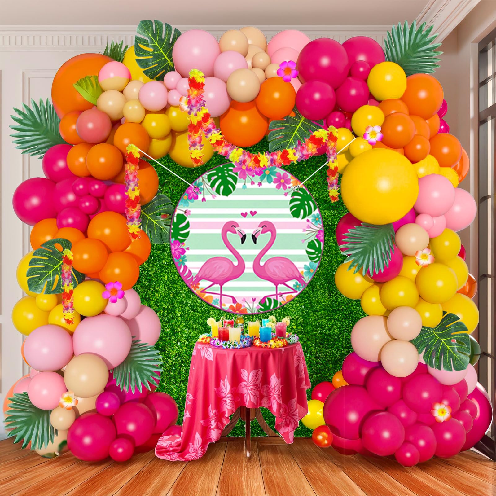 Photo 1 of Summer Tropical Balloon Arch Kit Hot pink yellow orange Balloon Luau palm leaves Hawaiian leis backdrop For Baby Shower Island Beach Flamingo Pool Parties Tiki Aloha Birthday Party Decorations
