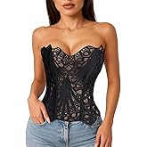 LEACOOLKEY Lacework Corset Top for Women Sexy Textured Sheer Floral Lace Bustier Going Out Lace-up Corset Overbust Top