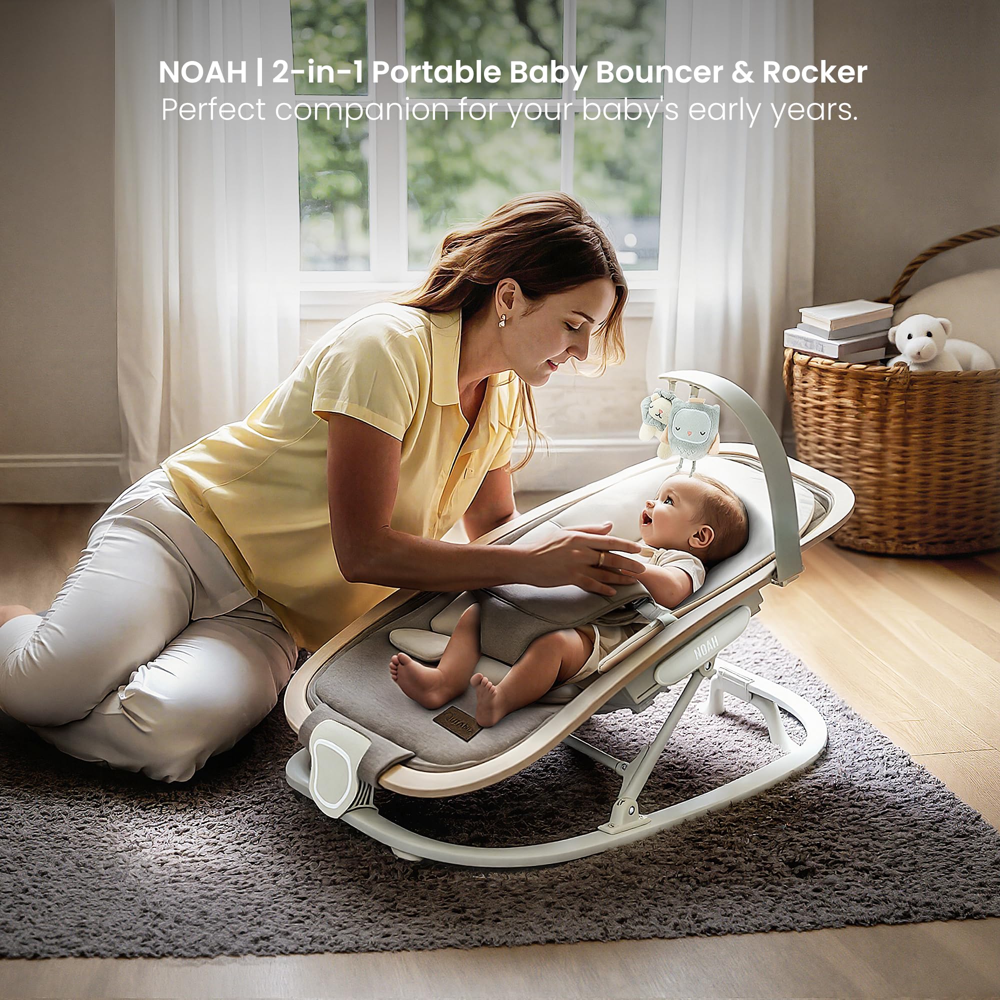 2-in-1 Baby Bouncer & Rocker,Portable Baby Bouncer Seat for Babies 0-9 Months, Baby Rocking Chair with 3 Reclining Positions,Wood Accents,Soft Newborn Insert - Beige