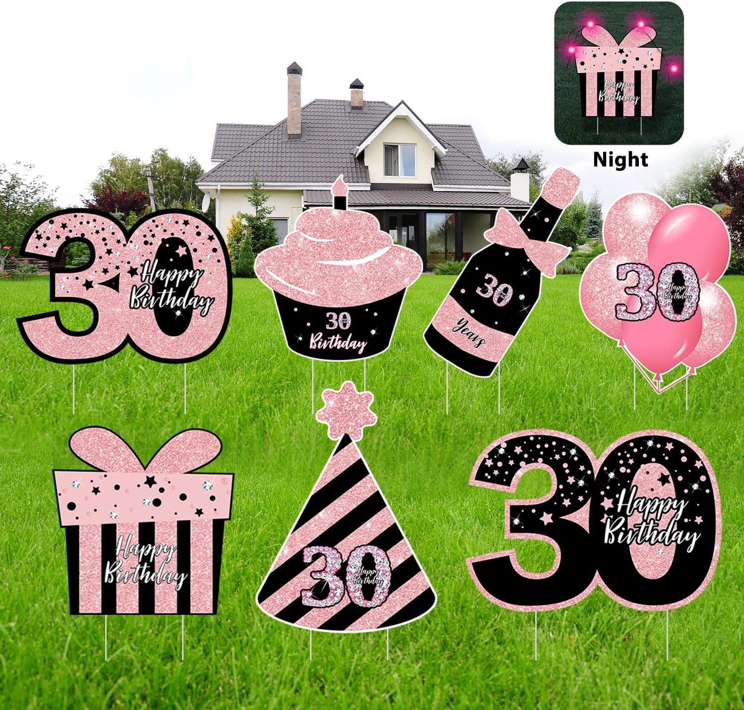Yard Signs - ComboJoy 30th Birthday Decorations for Women - 7 PCS Black & Pink 30 Birthday Yard Signs with Stakes,Sparkling at Night - Outdoor Lawn Decorations
