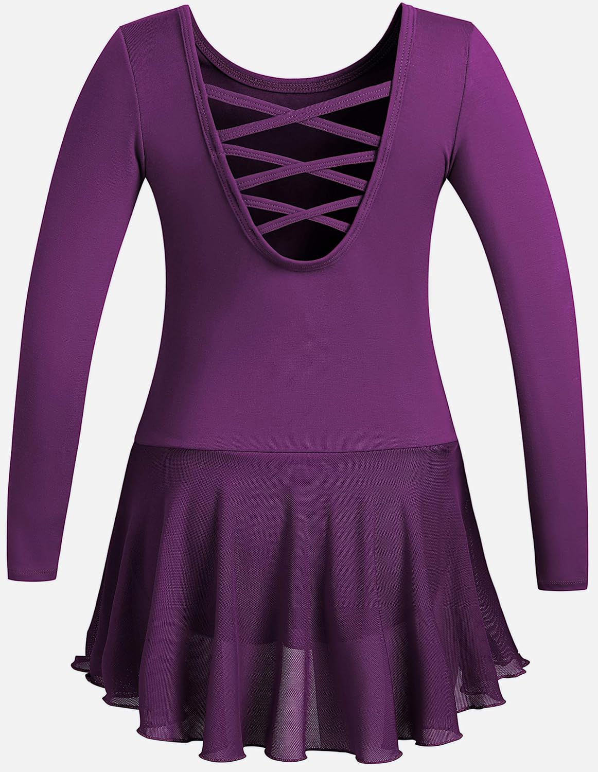 Girls Long Sleeve Dance Ballet Leotard Dress with Graceful Cross Back & Attached Skirt: Clothing