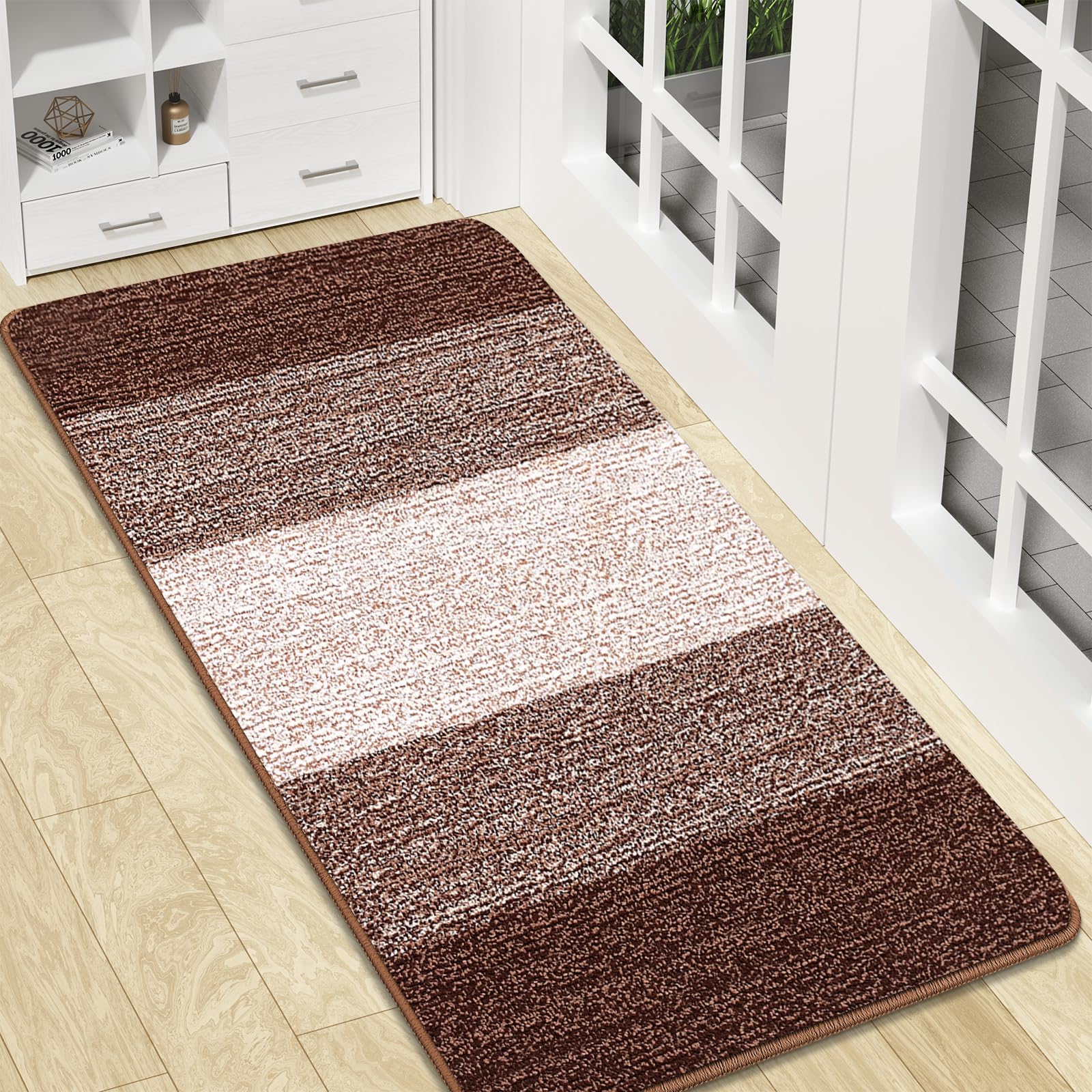 Photo 1 of Kitinjoy Indoor Outdoor Door Mat, 47x20 Non-Slip Absorbent Dirt Trapper, Low-Profile Washable Inside Entrance Front Floor Mat, Sturdy Soft Entry Doormats for Entryway, Brown