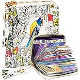Bistup 【40 Slots Credit Card Holder for Women Girls Cute RFID Blocking Card Organizer Leather Cardholder Protector for Lady Female Large Capacity Size Big Zipper Wallet Bird Flower Aesthetic Unique