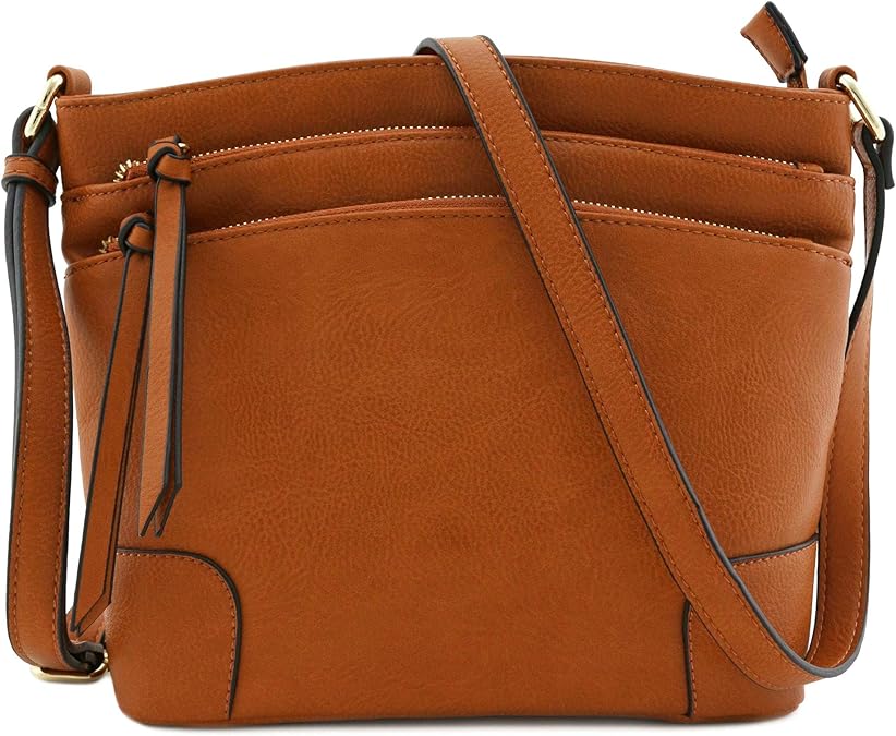 Triple Zipper Pocket Medium Crossbody Bag (Tan) Handbags
